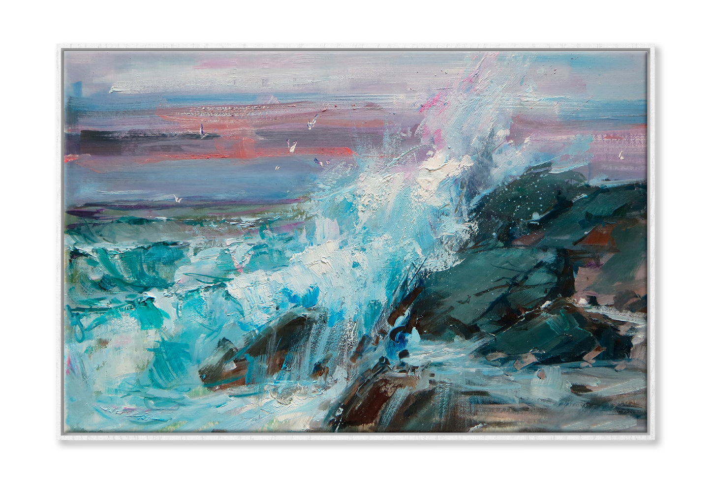 Foam Wave Rocky Sea Oil Painting Wall Art Limited Edition High Quality Print Canvas Box Framed White