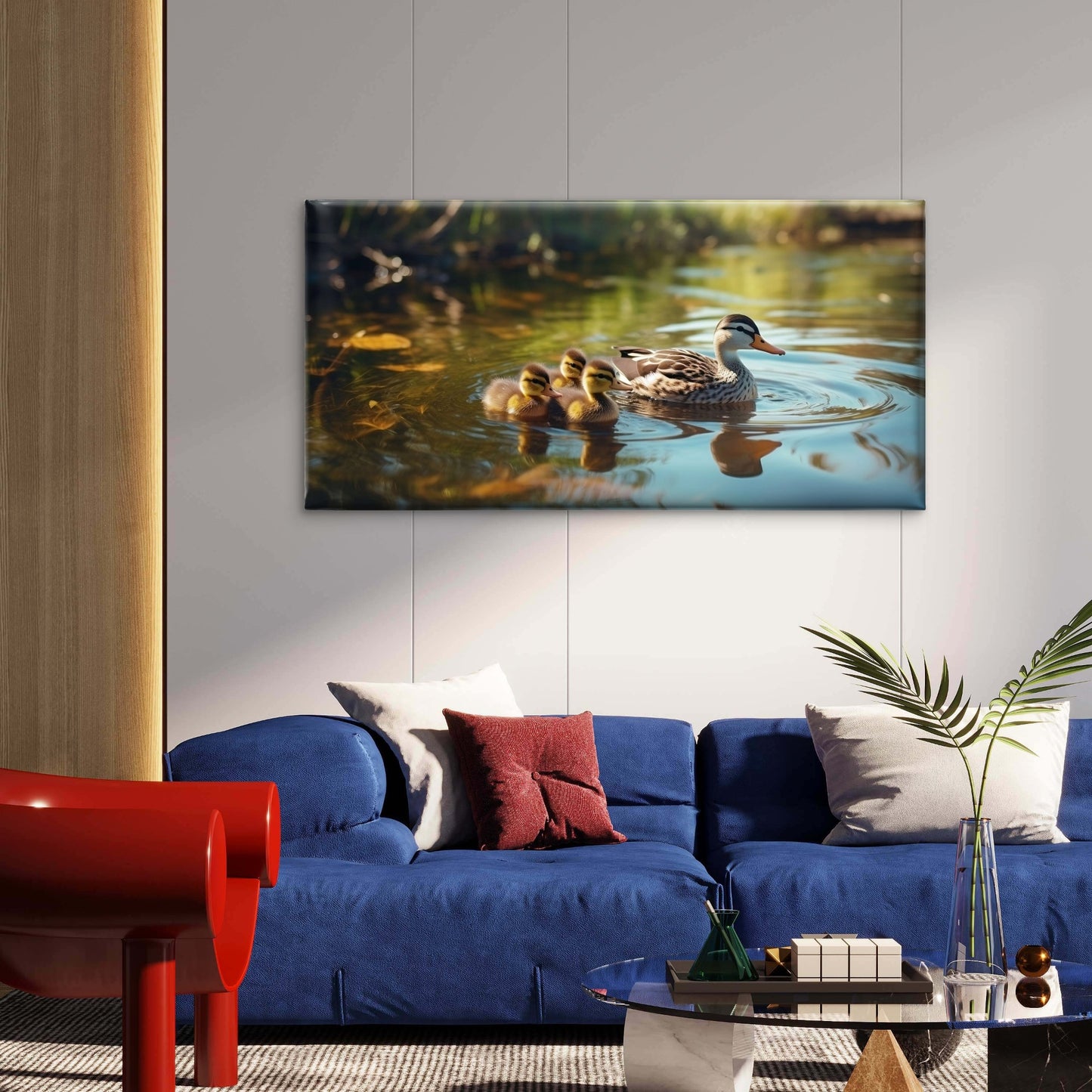 Cute Duck Family Ducklings Swimming Water Wall Art Canvas Office Home Room Framed 120x60cm