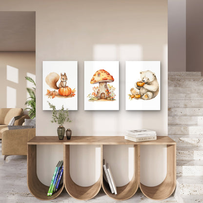 3pcs Cozy Autumn Woodland Mushroom House Bear Wall Art Set Canvas Framed 40x60cm - High Quality Print 100% Australian Made Wall Canvas Ready to Hang