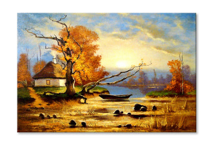 Village House & Dead Tree near River Oil Painting Wall Art Limited Edition High Quality Print Stretched Canvas None