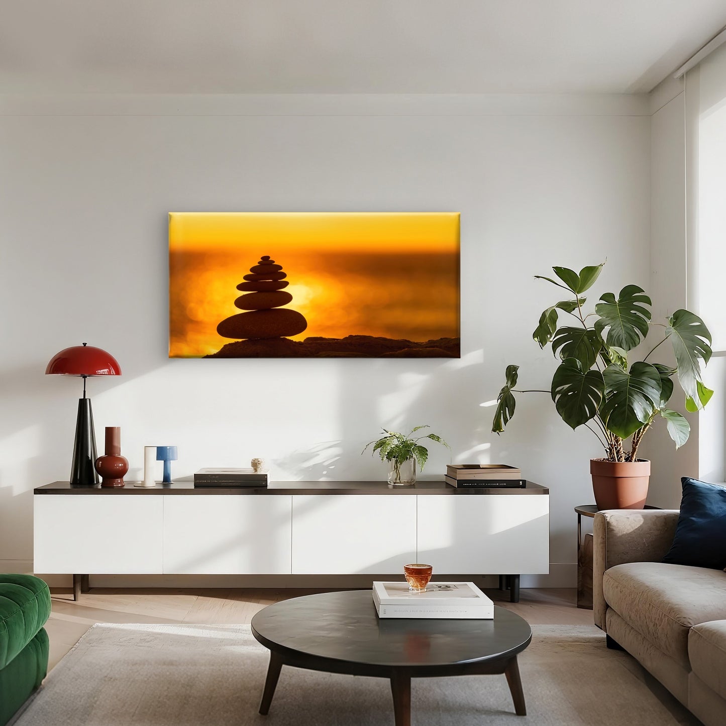 Pebble Pyramid Silhouette Beach Abstract Warm Sunset Wall Art Canvas Office Home Room Framed 120x60cm