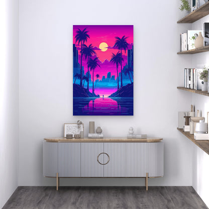 Retro Sunset Palm Trees Ocean 60x90cm Metal Print Ready to Hang
