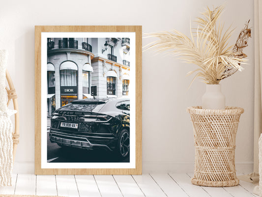 Lamborghini near Fashion Store Photograph Glass Framed Wall Art, Ready to Hang Quality Print With White Border Oak