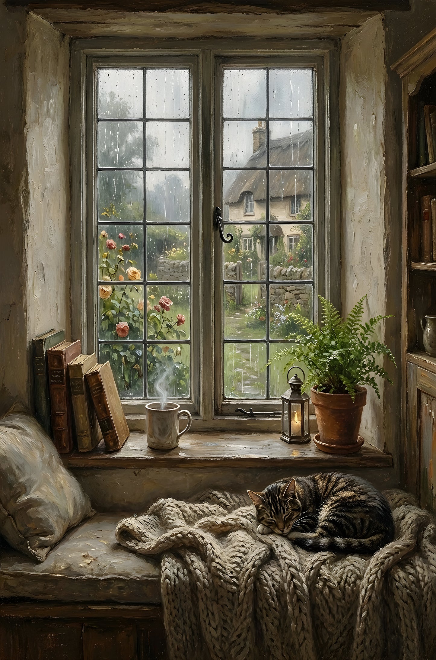 Cozy Cat Rainy Window Cottage Garden 40x60cm Metal Print Ready to Hang