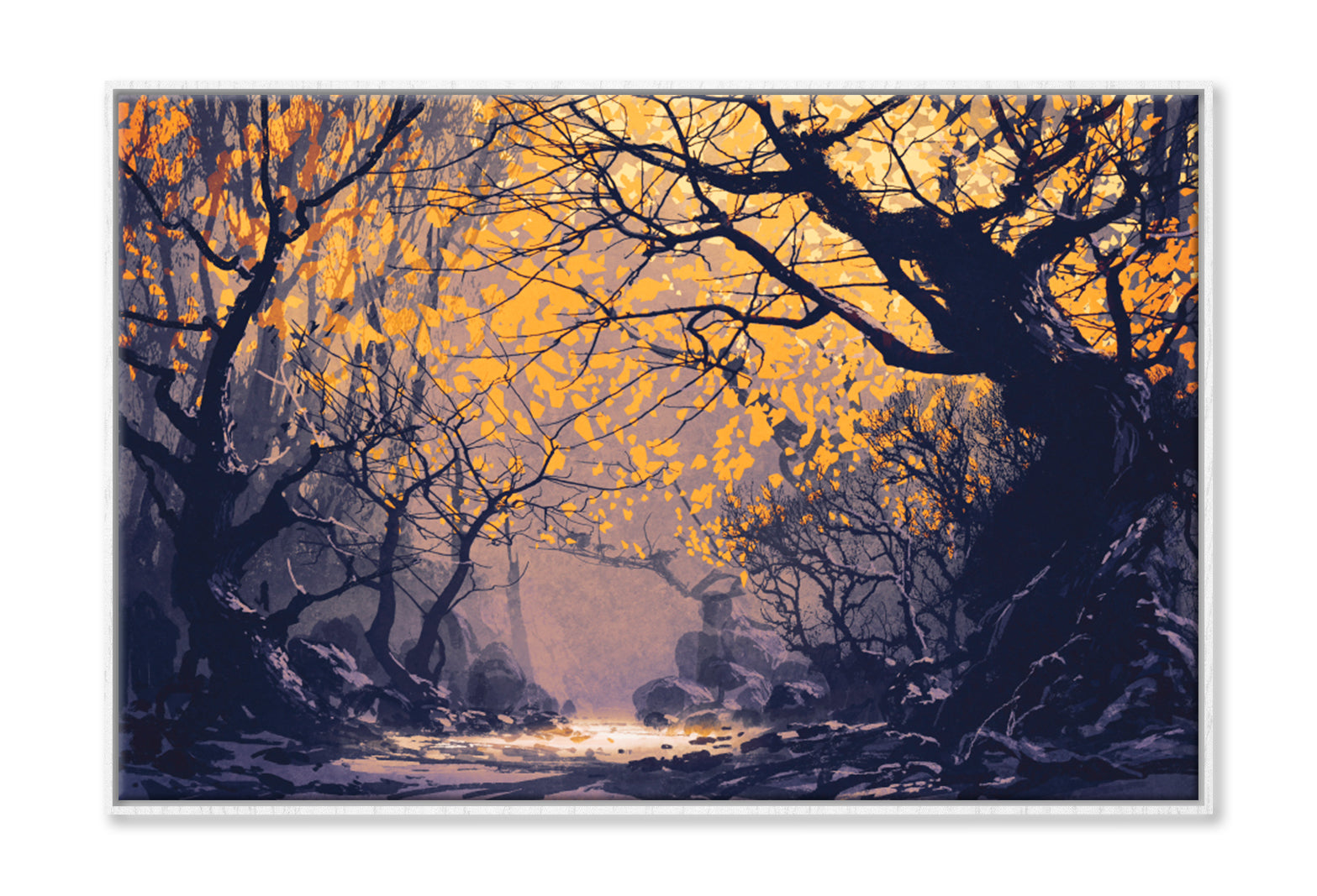 Night Scene Of Autumn Forest Oil Painting Wall Art Limited Edition High Quality Print Canvas Box Framed White