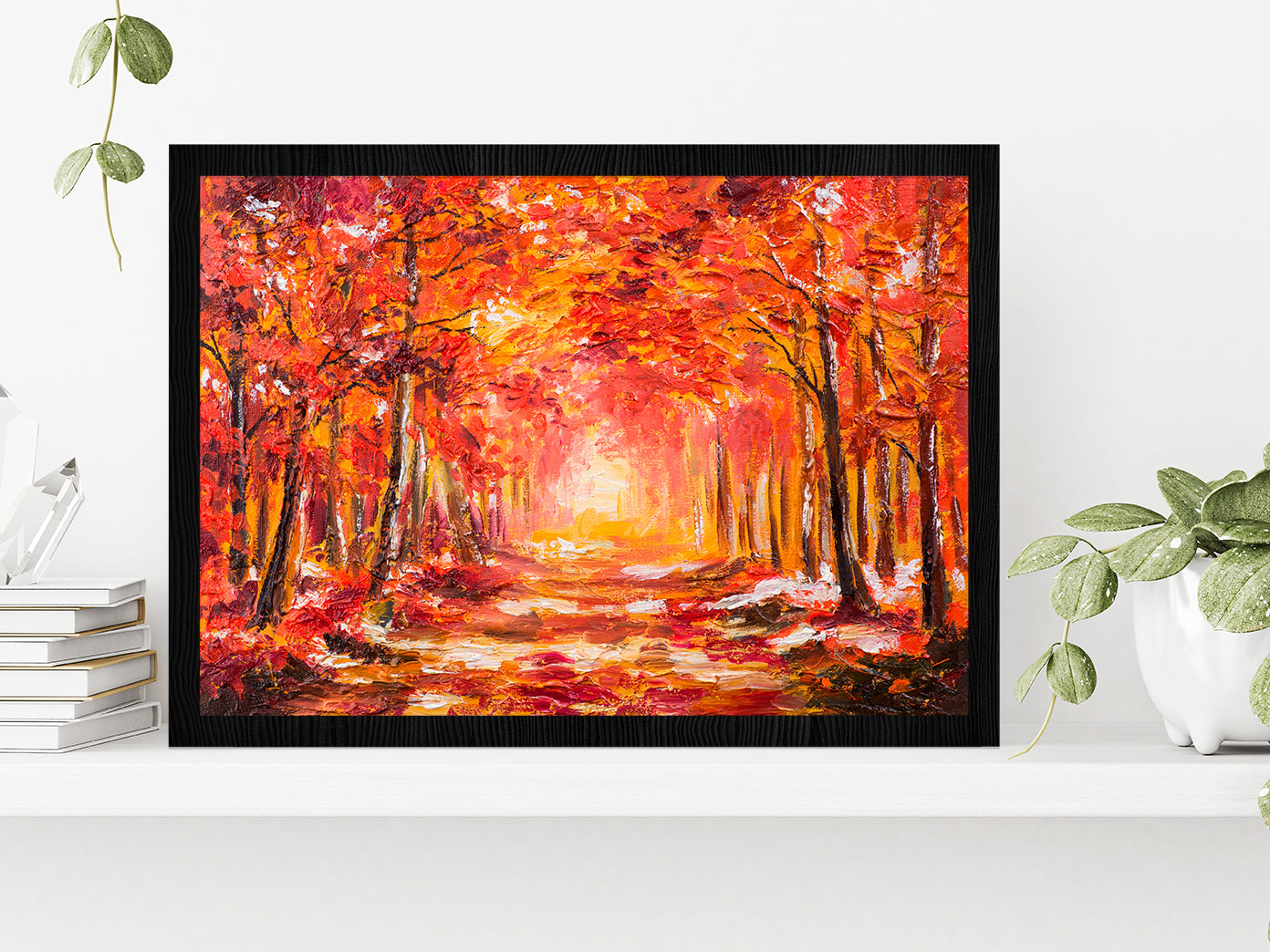 Autumn Forest With Red Trees Glass Framed Wall Art, Ready to Hang Quality Print Without White Border Black