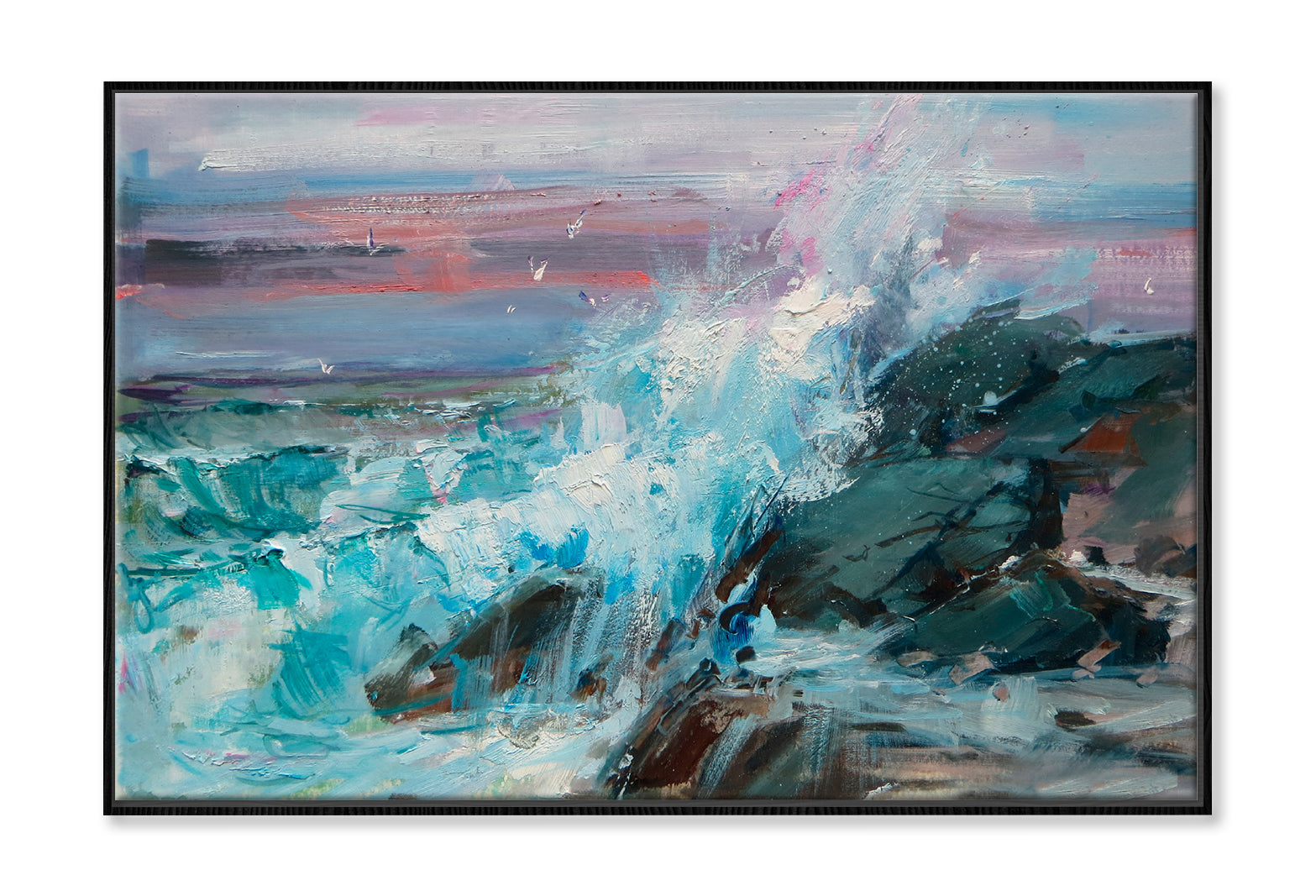 Foam Wave Rocky Sea Oil Painting Wall Art Limited Edition High Quality Print Canvas Box Framed Black