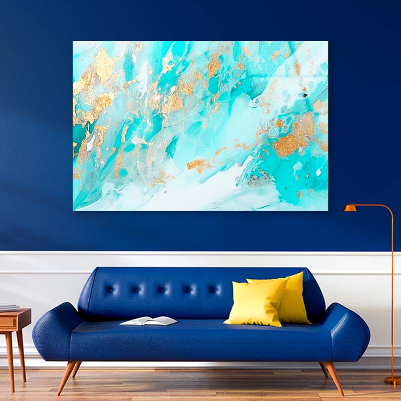 Gold Ocean Blue Abstract Acrylic Glass Print Tempered Glass Wall Art 100% Made in Australia Ready to Hang