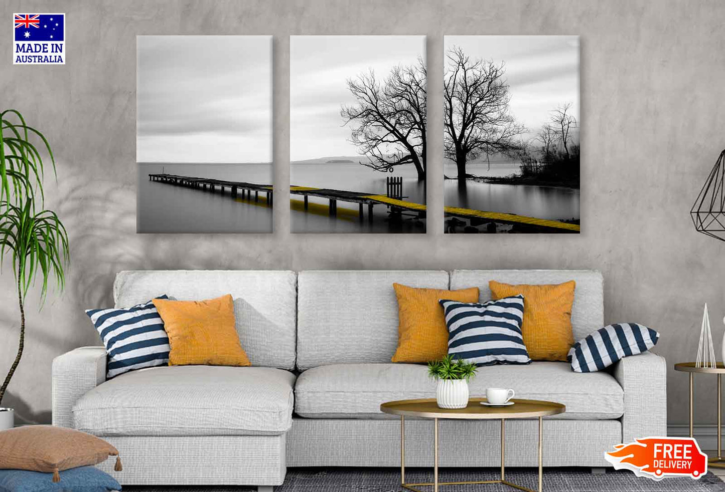 3 Set of Yellow Wooden Pier Lake High Quality Print 100% Australian Made Wall Canvas Ready to Hang