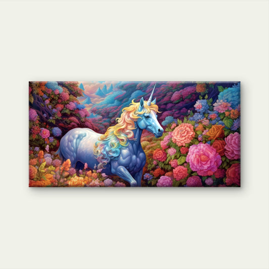 Rainbow Unicorn Floral Forest Fantasy Meadow Wall Art Canvas Office Home Framed 120x60cm