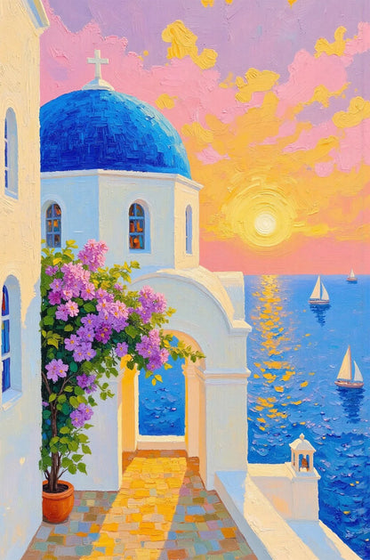Santorini Church Sea Sailboats 40x60cm Metal Print Ready to Hang