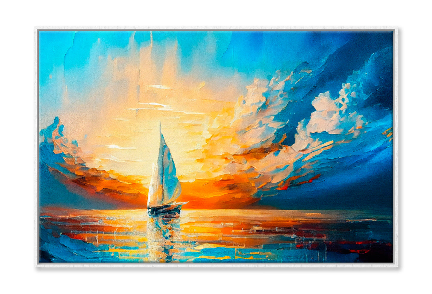 Sailboat Boat at Sunset On The Ocean Oil Painting Wall Art Limited Edition High Quality Print Canvas Box Framed White