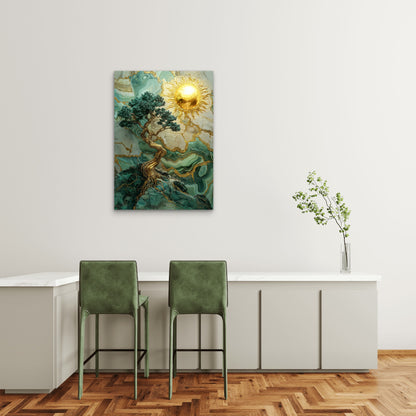 Gold Sun Marble Emerald Tree 40x60cm Metal Print Ready to Hang - Bella Home Decor