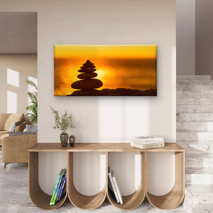 Pebble Pyramid Silhouette Beach Abstract Warm Sunset Wall Art Canvas Office Home Room Framed 120x60cm