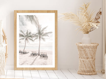 Palm Trees & Beach Chairs near Beach Glass Framed Wall Art, Ready to Hang Quality Print With White Border Oak