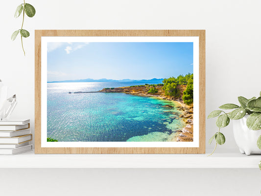 Ragged coast of Mallorca Glass Framed Wall Art, Ready to Hang Quality Print With White Border Oak