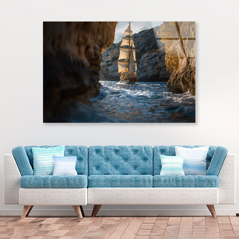 Sailboat Floating In the Water with Sky and Rocks Acrylic Glass Print Tempered Glass Wall Art 100% Made in Australia Ready to Hang - Bella Home Decor