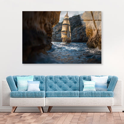 Sailboat Floating In the Water with Sky and Rocks Acrylic Glass Print Tempered Glass Wall Art 100% Made in Australia Ready to Hang - Bella Home Decor