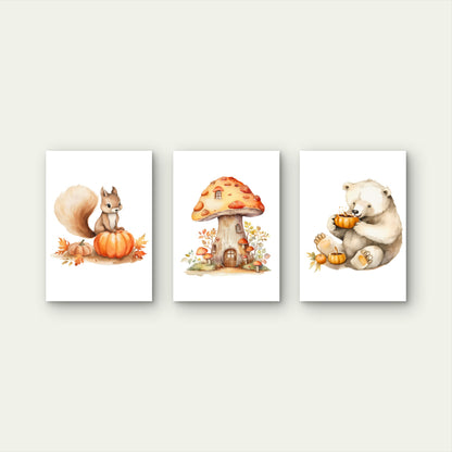 3pcs Cozy Autumn Woodland Mushroom House Bear Wall Art Set Canvas Framed 40x60cm - High Quality Print 100% Australian Made Wall Canvas Ready to Hang