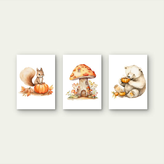 3pcs Cozy Autumn Woodland Mushroom House Bear Wall Art Set Canvas Framed 40x60cm - High Quality Print 100% Australian Made Wall Canvas Ready to Hang