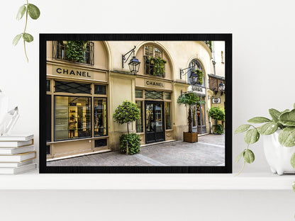 Tree Plants near Fashion Store Madeleine Glass Framed Wall Art, Ready to Hang Quality Print Without White Border Black