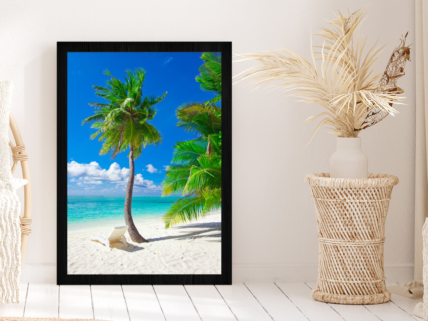 Palm Tree & Chair in Paradise Beach Photograph Glass Framed Wall Art, Ready to Hang Quality Print Without White Border Black