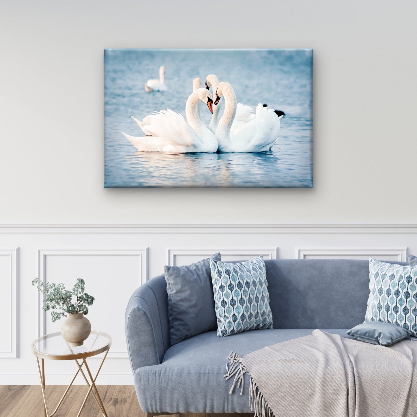 Soft Blue and White Mute Swans Forming a Heart Shape Wall Art Decor 100% Australian Made