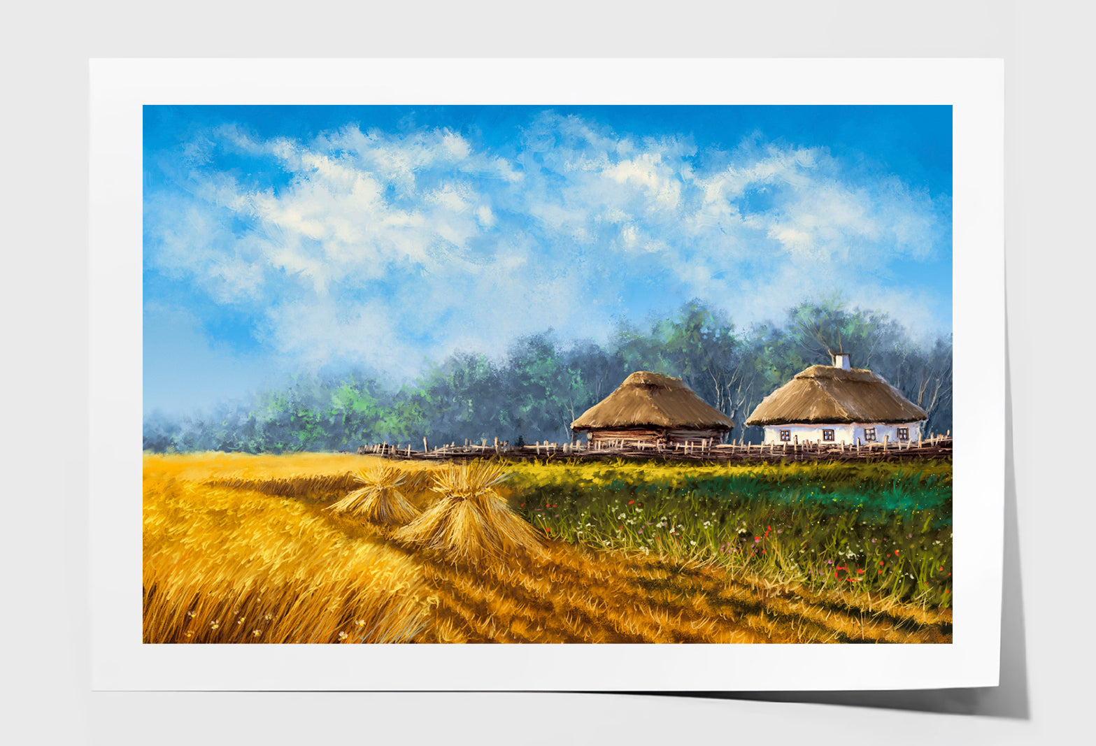 Bales in the Field Houses & Blue Sky Oil Painting Wall Art Limited Edition High Quality Print Unframed Roll Canvas None