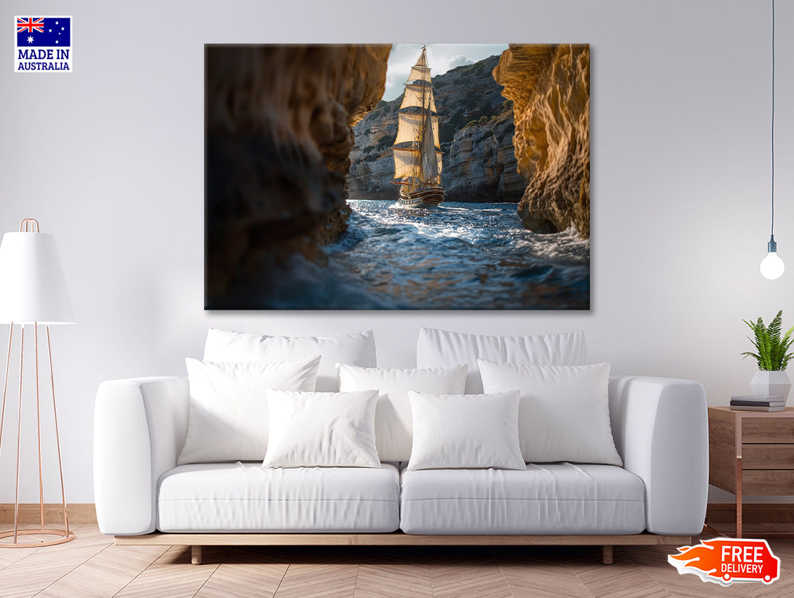 Sailboat Floating In the Water with Sky and Rocks Print 100% Australian Made - Bella Home Decor