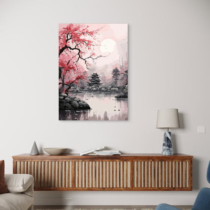 Zen Pagoda Sakura Lake 40x60cm Metal Print Ready to Hang