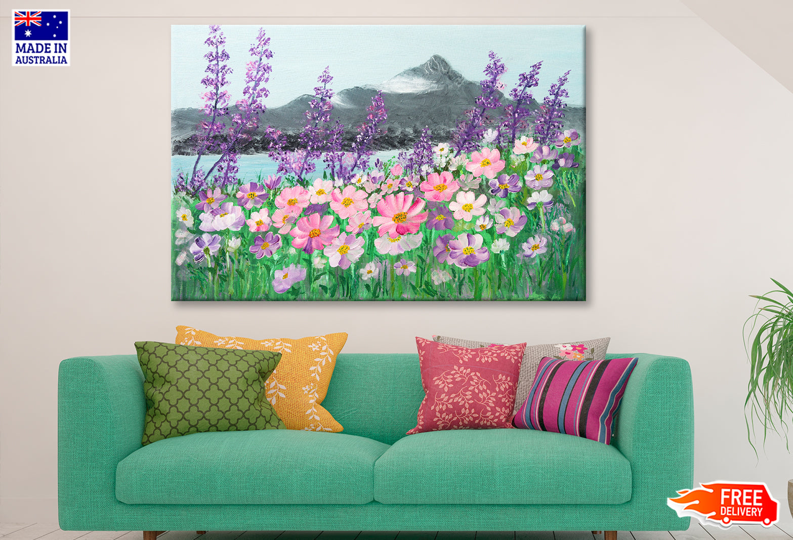 Pink & Purple Cosmos Daisies & Mountains Lake Painting Wall Art Limited Edition High Quality Print