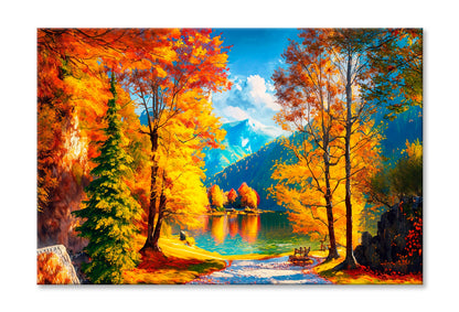 Reflection Of Autumn Trees In Water, Autumn Lake Oil Painting Limited Edition High Quality Print Stretched Canvas None