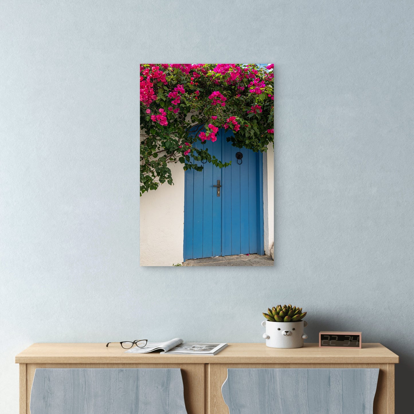 Blue Door Pink Bougainvillea 40x60cm Metal Print Ready to Hang