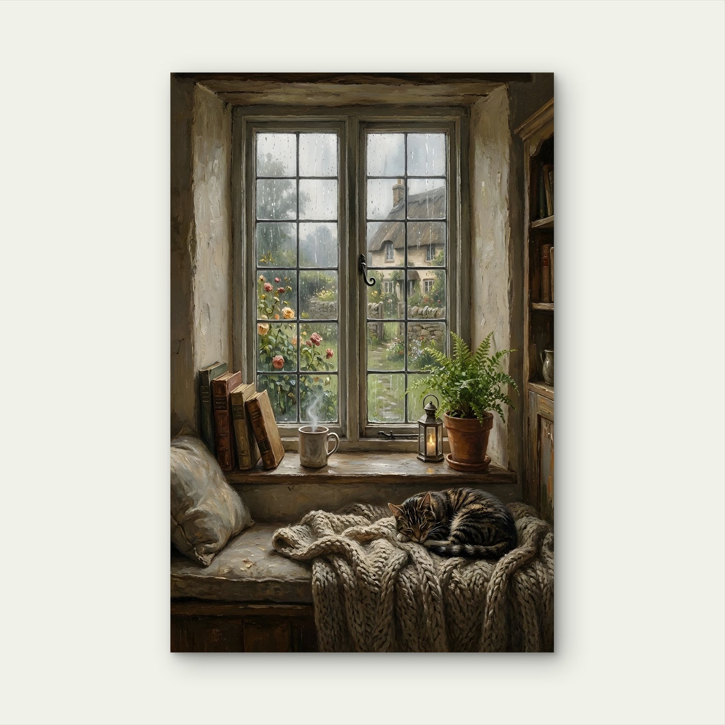 Cozy Cat Rainy Window Cottage Garden 40x60cm Metal Print Ready to Hang