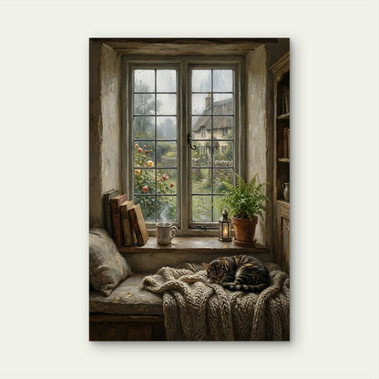 Cozy Cat Rainy Window Cottage Garden 40x60cm Metal Print Ready to Hang