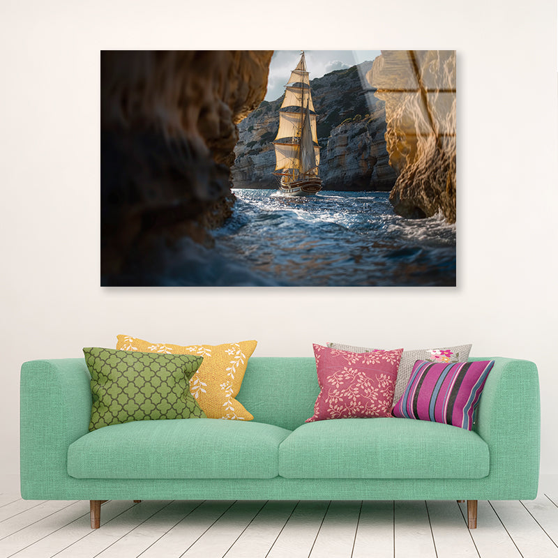 Sailboat Floating In the Water with Sky and Rocks Acrylic Glass Print Tempered Glass Wall Art 100% Made in Australia Ready to Hang - Bella Home Decor