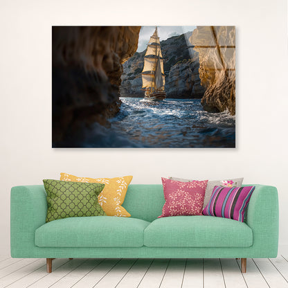 Sailboat Floating In the Water with Sky and Rocks Acrylic Glass Print Tempered Glass Wall Art 100% Made in Australia Ready to Hang - Bella Home Decor