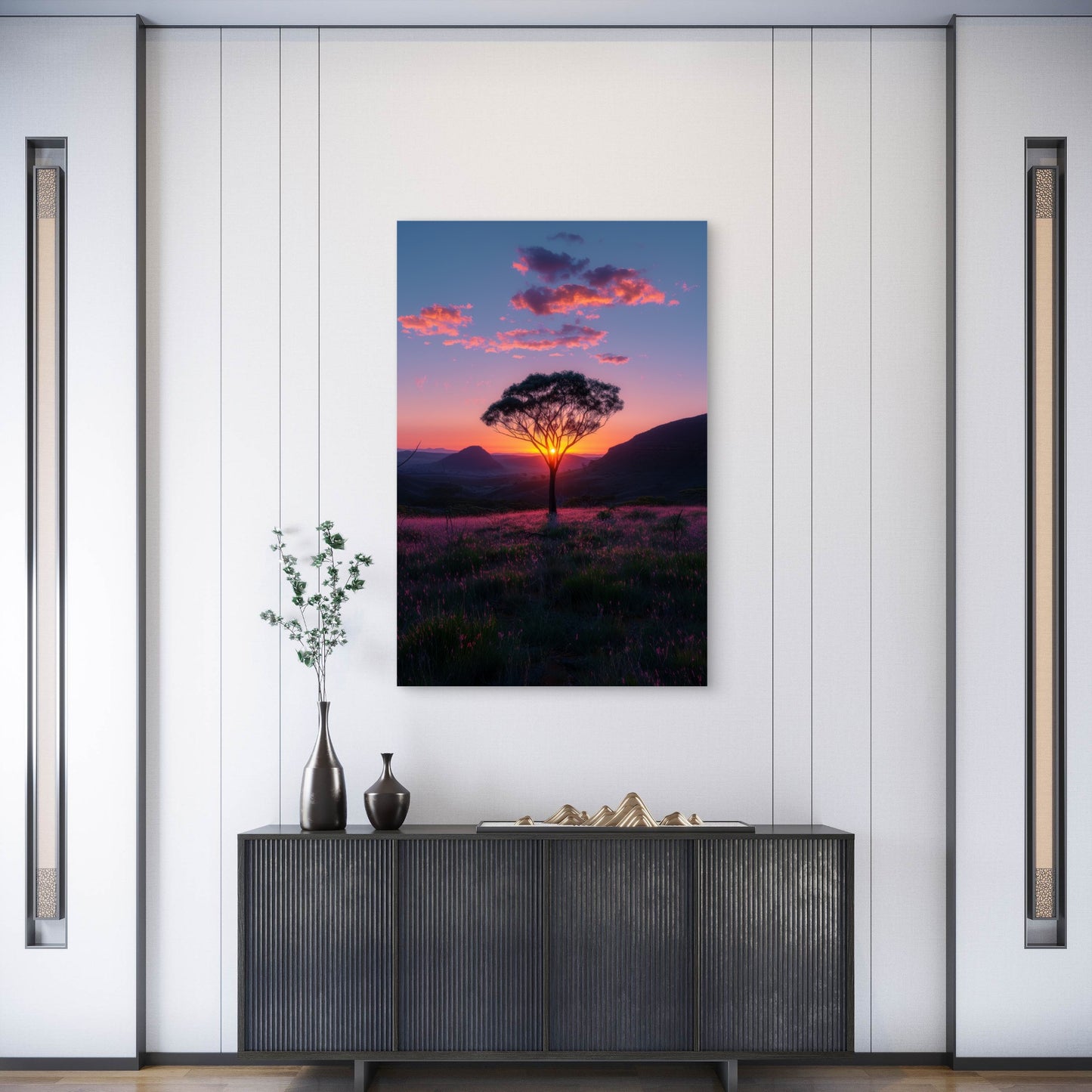 Vibrant Sunset with Tree in Desert 40x60cm Metal Print Ready to Hang