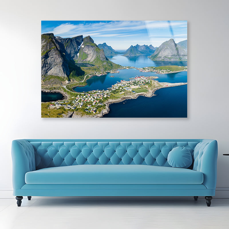 A Scenic View of Lofoten on the Water with Mountains Acrylic Glass Print Tempered Glass Wall Art 100% Made in Australia Ready to Hang