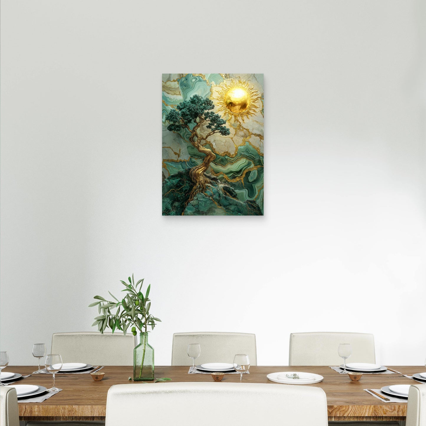 Gold Sun Marble Emerald Tree 40x60cm Metal Print Ready to Hang - Bella Home Decor