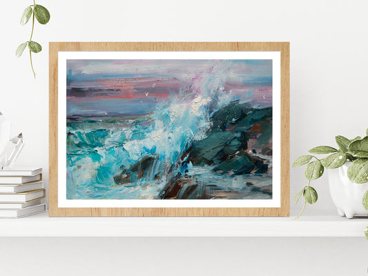 Foam Wave Rocky Sea Glass Framed Wall Art, Ready to Hang Quality Print With White Border Oak