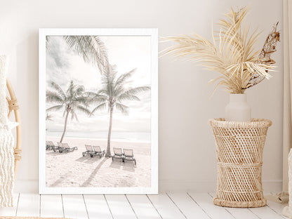 Palm Trees & Beach Chairs near Beach Glass Framed Wall Art, Ready to Hang Quality Print Without White Border White