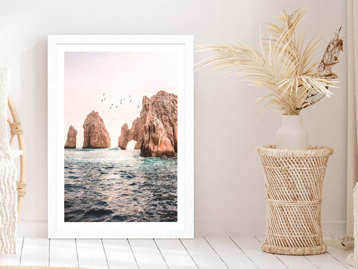 Rocks on Sea Faded View Photograph Glass Framed Wall Art, Ready to Hang Quality Print With White Border White