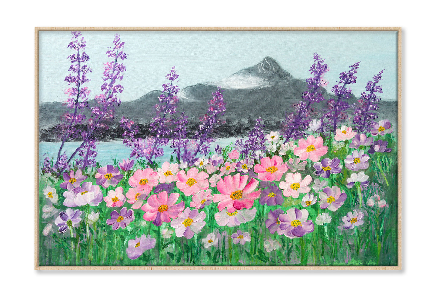 Pink & Purple Cosmos Daisies & Mountains Lake Painting Wall Art Limited Edition High Quality Print Canvas Box Framed