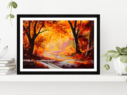 Autumn Forest Oil Painting Glass Framed Wall Art, Ready to Hang Quality Print With White Border Black