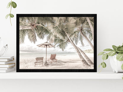 Beach Hut & Palm Trees near Sand Beach Photograph Glass Framed Wall Art, Ready to Hang Quality Print Without White Border Black