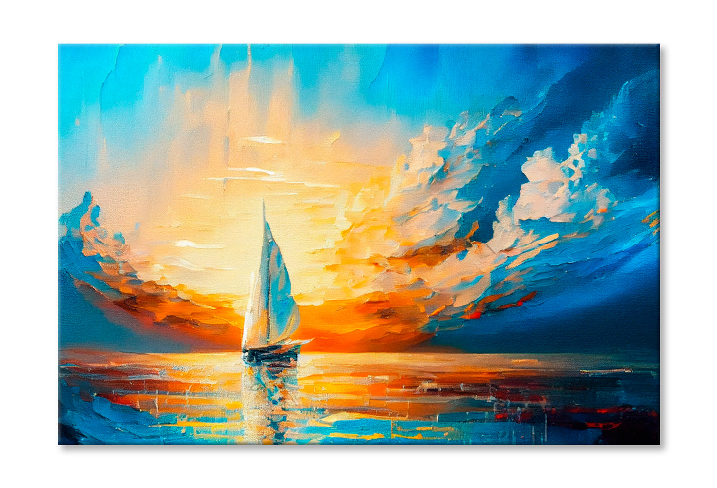 Sailboat Boat at Sunset On The Ocean Oil Painting Wall Art Limited Edition High Quality Print Stretched Canvas None