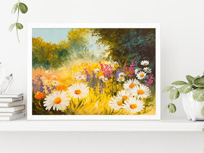 Field Of Daisies Oil Painting Glass Framed Wall Art, Ready to Hang Quality Print Without White Border White