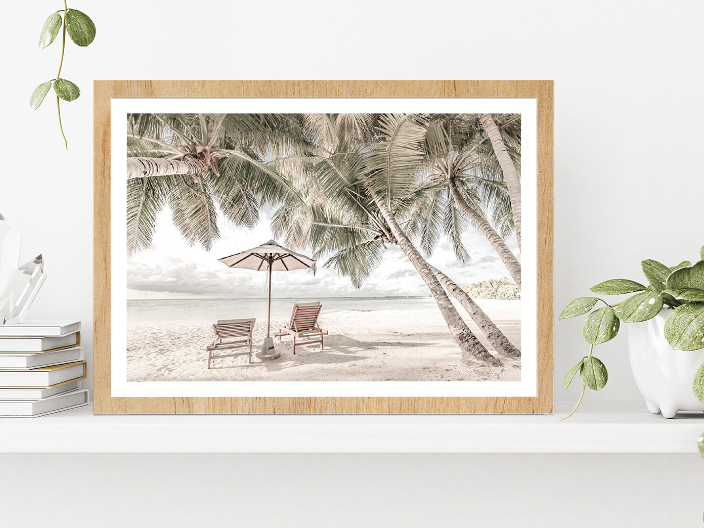 Beach Hut & Palm Trees near Sand Beach Photograph Glass Framed Wall Art, Ready to Hang Quality Print With White Border Oak