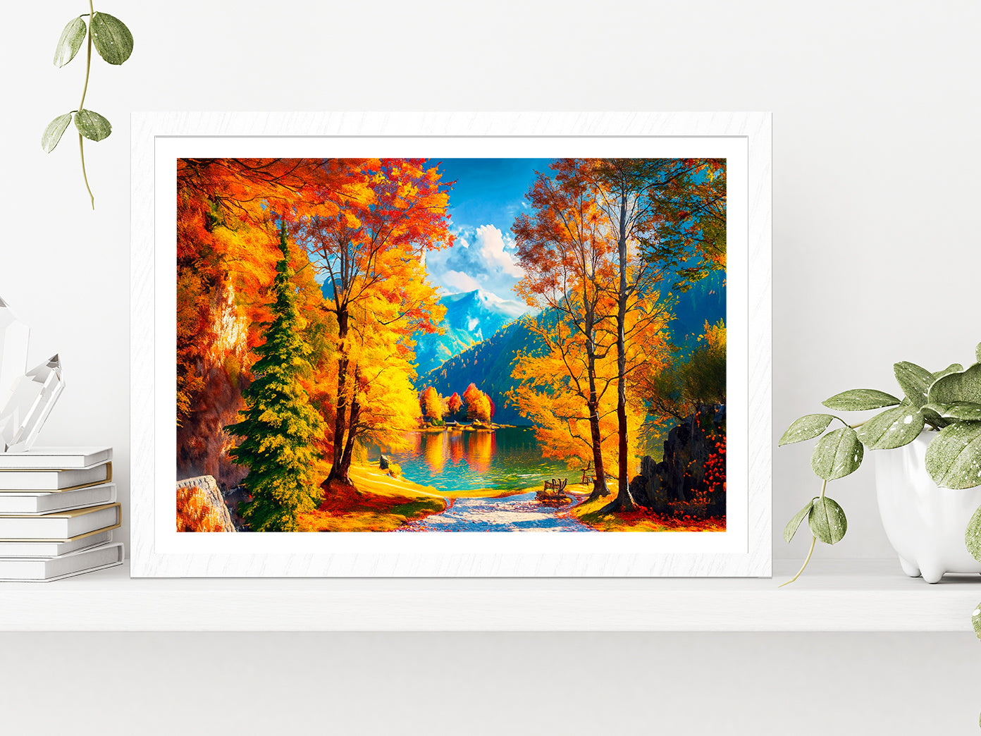 Reflection Of Autumn Trees In Water, Autumn Lake Glass Framed Wall Art, Ready to Hang Quality Print With White Border White